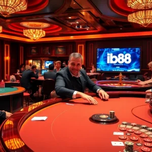 Engaging casino gaming scene featuring ib88 with vibrant roulette and poker tables.