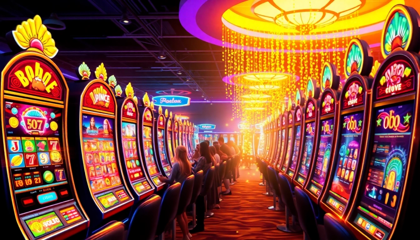 Kode4d link showcasing a vibrant online gaming atmosphere with colorful slot machines and community engagement.