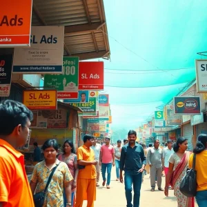 Engaging marketplace scene showcasing SL Ads vibrant advertisements and community interactions.