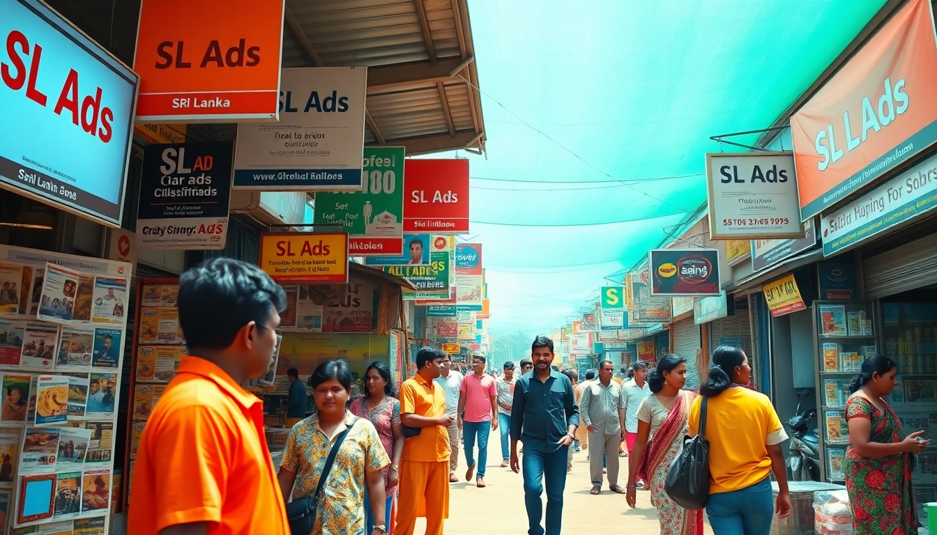 Engaging marketplace scene showcasing SL Ads vibrant advertisements and community interactions.