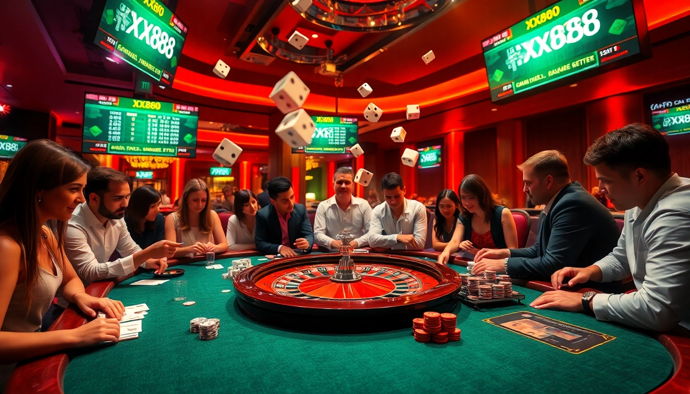 Excited players enjoy a high-stakes game at the xx88 casino with chips and cards.