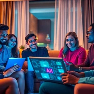 Engaging discussion on sex ai technology in a modern setting with young adults.