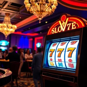 Slot777 players enjoy a thrilling casino experience with vibrant slot machines and poker tables.