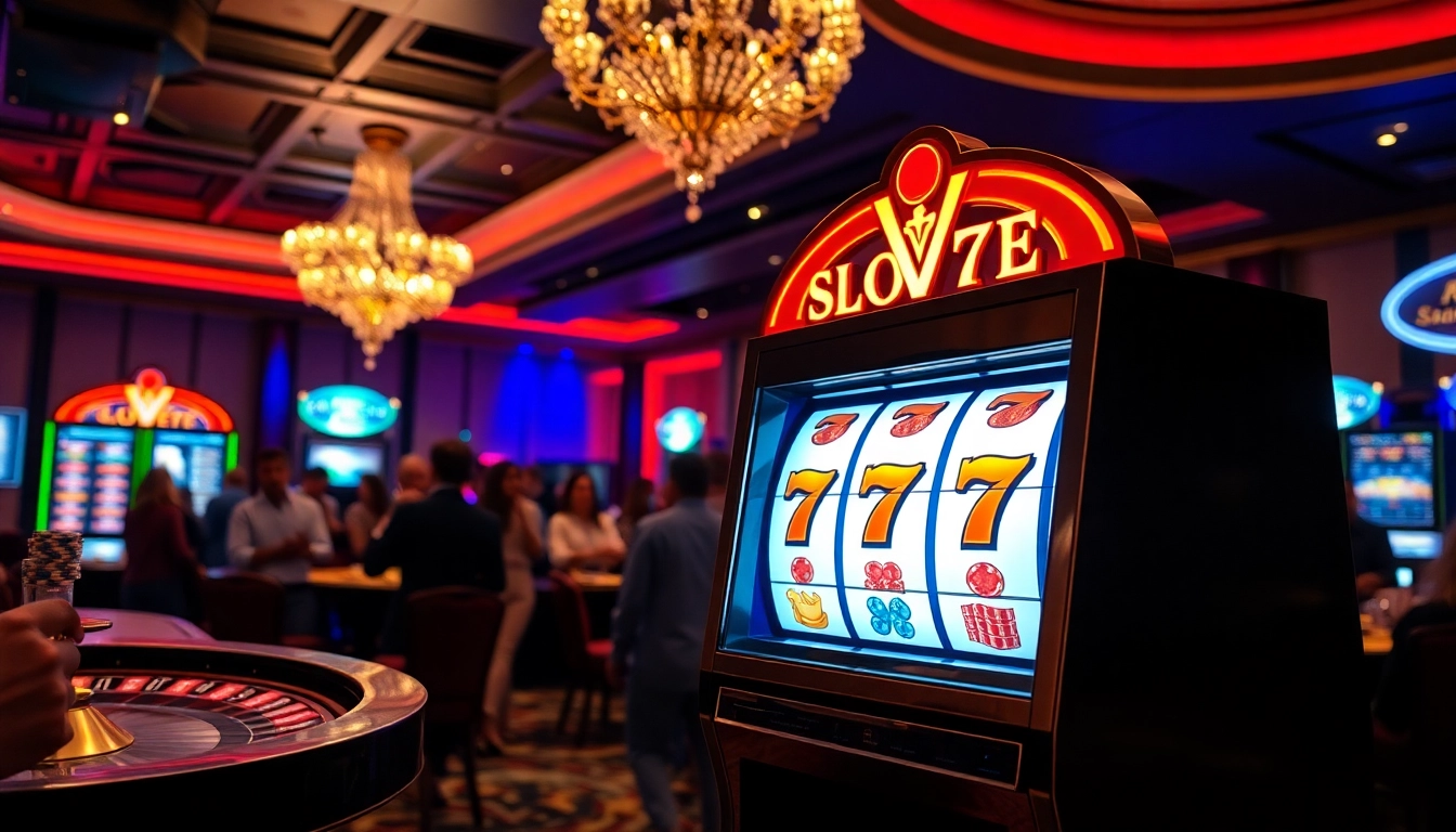 Slot777 players enjoy a thrilling casino experience with vibrant slot machines and poker tables.