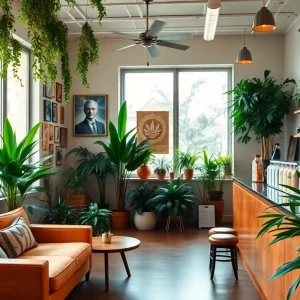 Engaging interior of an Association cannabis shop Madrid showcasing vibrant plants and products.