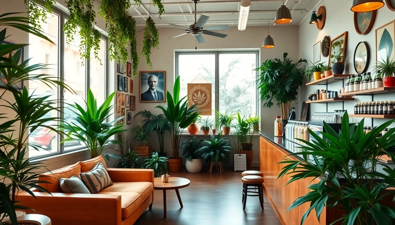 Engaging interior of an Association cannabis shop Madrid showcasing vibrant plants and products.