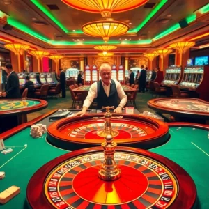 Engage in the thrilling atmosphere of gaming at vswin's luxurious casino tables with vibrant poker chips and exciting card games.