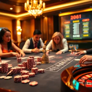 Players enjoy an exciting game at the 88i casino, engaging with vivid poker chips and cards.