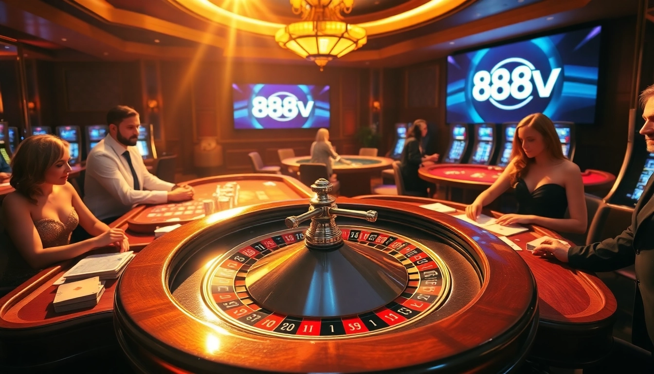 Action at the table in a luxurious casino setting with focus on roulette and https://88vv.media/ branding.