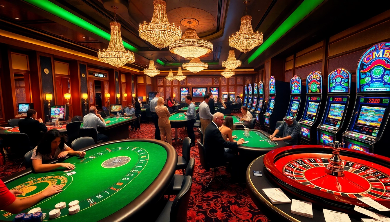 Experience thrilling gameplay at a 789P casino with poker tables and vibrant slot machines.