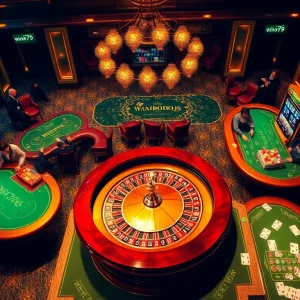 Experience thrilling gaming action at Win79's upscale casino table with vibrant poker chips.