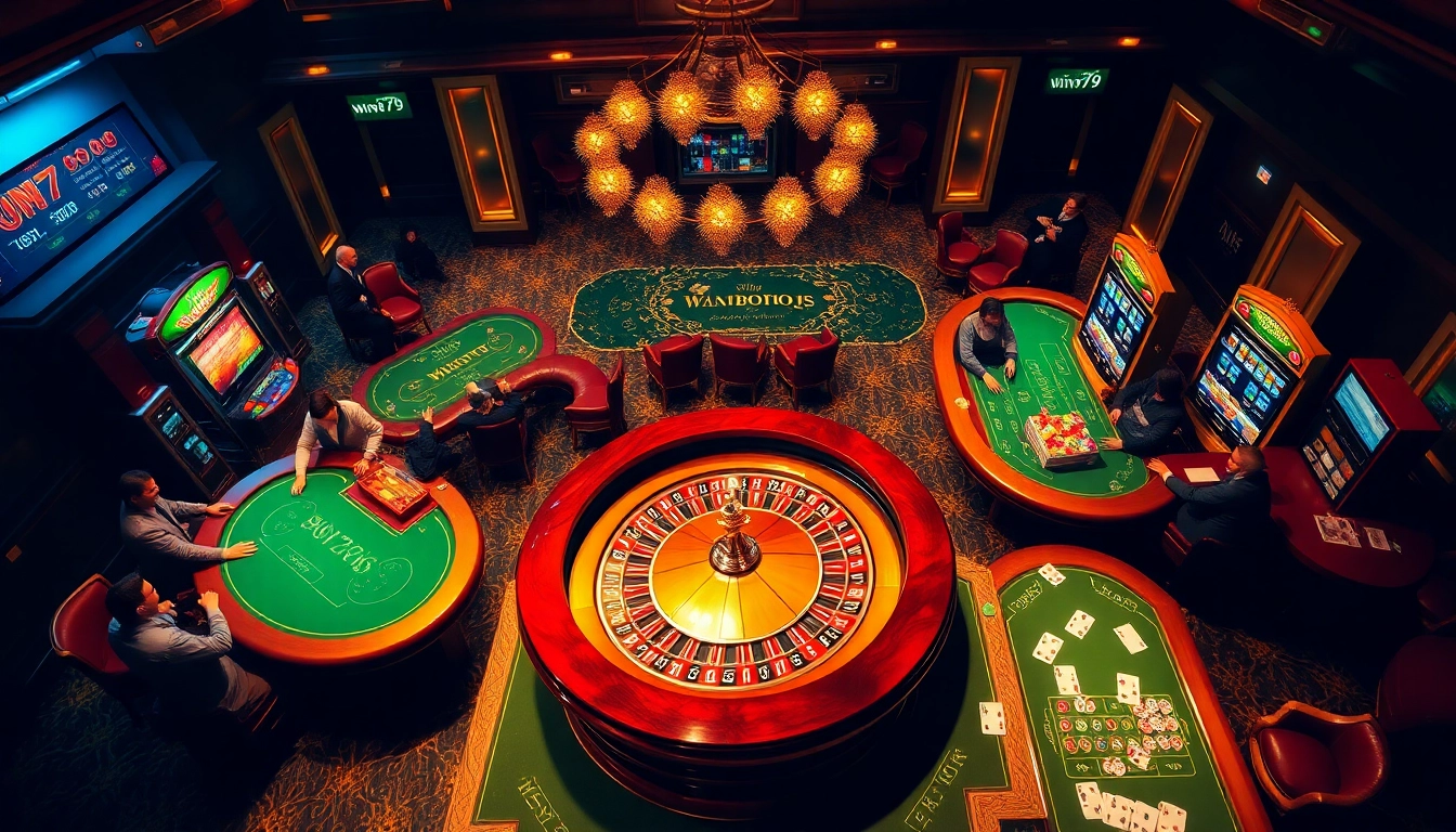 Experience thrilling gaming action at Win79's upscale casino table with vibrant poker chips.
