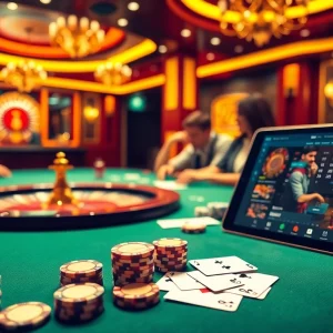 Experience thrilling poker action at 89bet casino with luxurious decor and vibrant gaming.