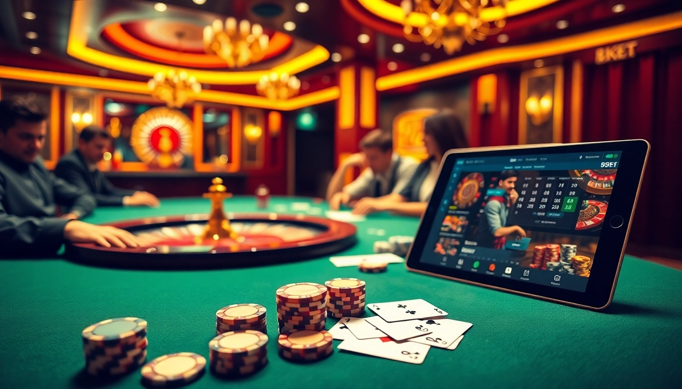 Experience thrilling poker action at 89bet casino with luxurious decor and vibrant gaming.