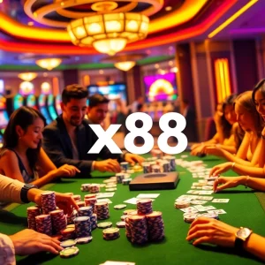 X88 atmosphere in a vibrant casino with players at tables and slot machines
