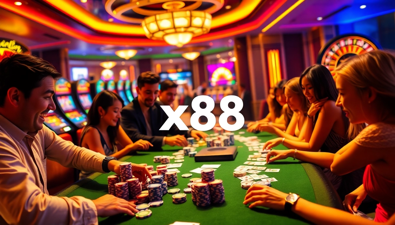 X88 atmosphere in a vibrant casino with players at tables and slot machines