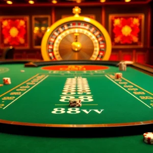 88vv players enjoying an exciting casino experience with vibrant poker chips and a roulette wheel.