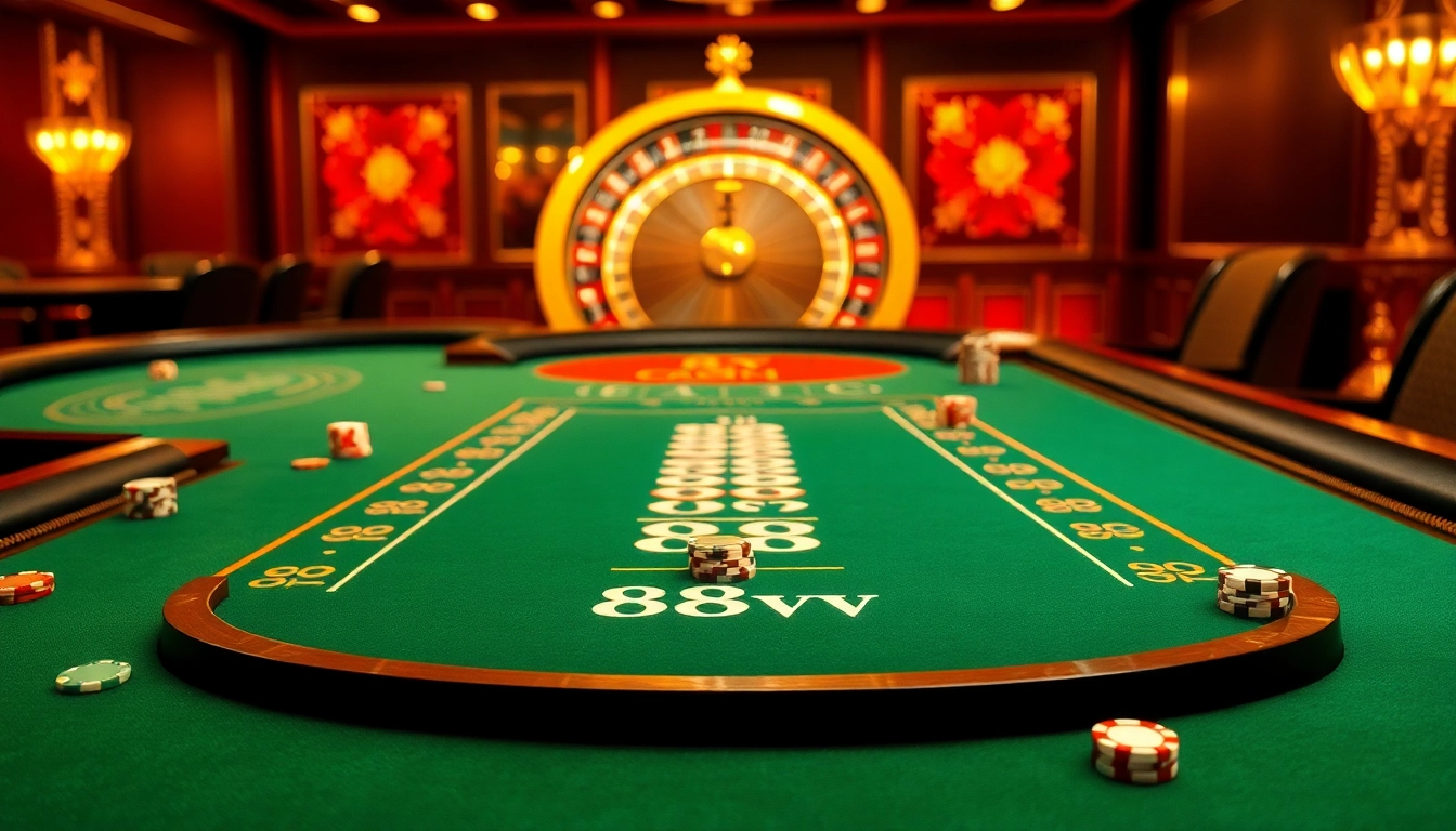 88vv players enjoying an exciting casino experience with vibrant poker chips and a roulette wheel.