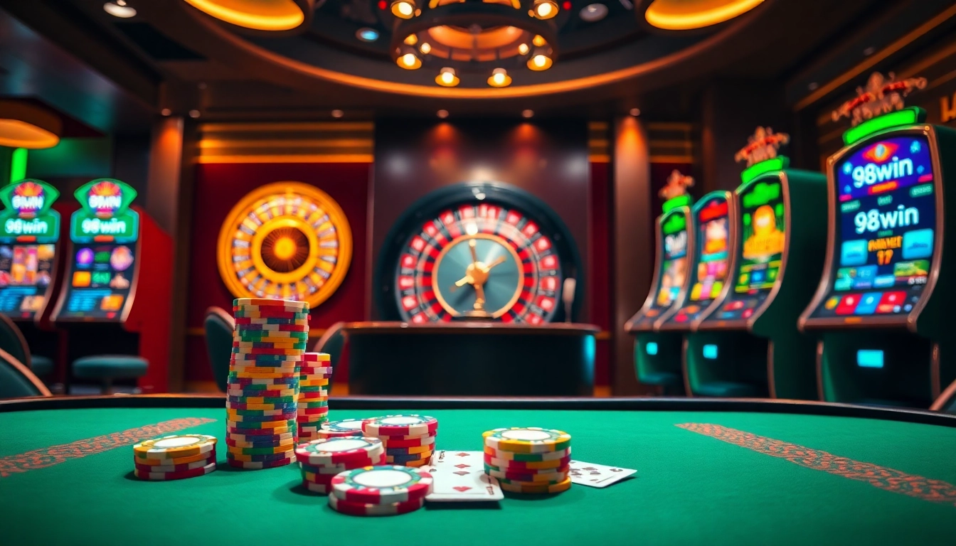 Experience the thrill of gambling at 98win with luxurious casino tables and vibrant slot machines.