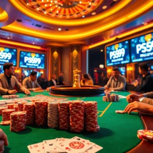 Winning at PS99 with poker chips and a vibrant casino atmosphere.