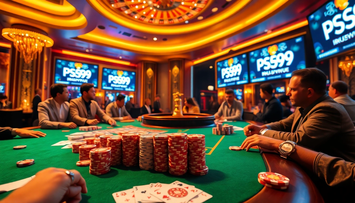 Winning at PS99 with poker chips and a vibrant casino atmosphere.