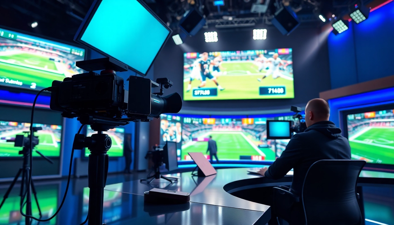 Captivating sports broadcasting scene showcasing an anchor in a high-tech studio.