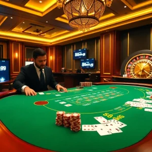 Experience the thrill of gaming at 98win.gg with an elegant casino atmosphere featuring blackjack tables and roulette wheels.