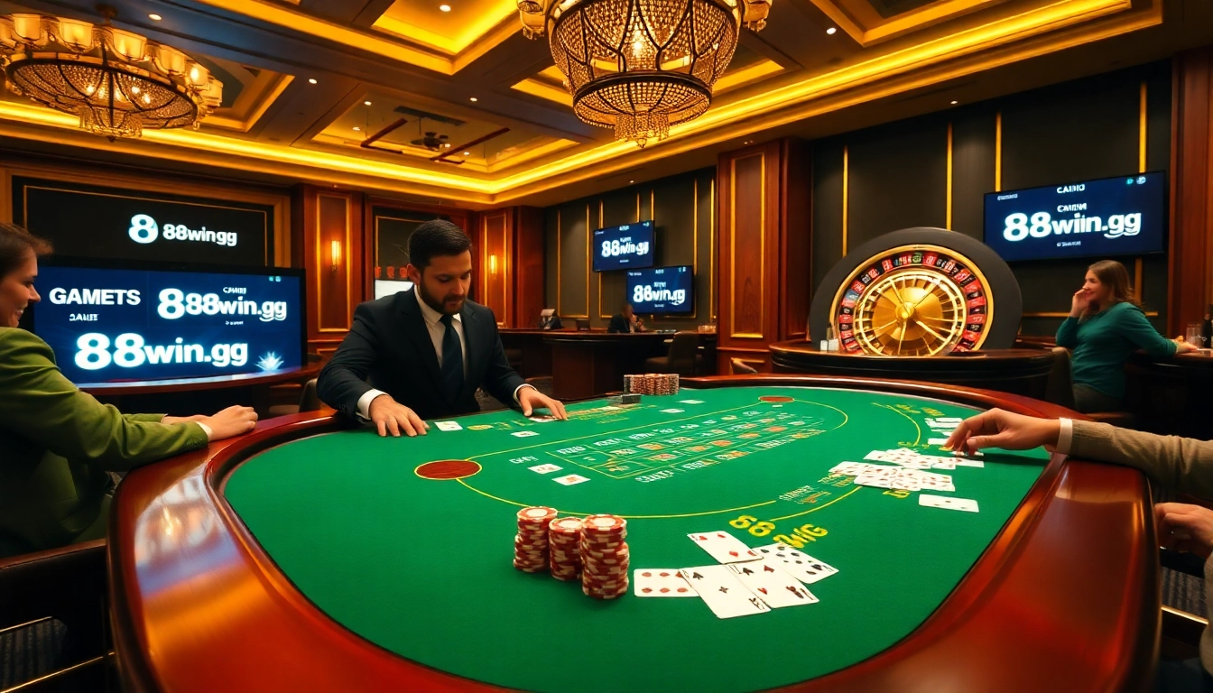 Experience the thrill of gaming at 98win.gg with an elegant casino atmosphere featuring blackjack tables and roulette wheels.