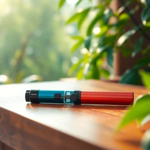 Buy DMT with an elegant vape pen showcased on a wooden table amidst greenery.