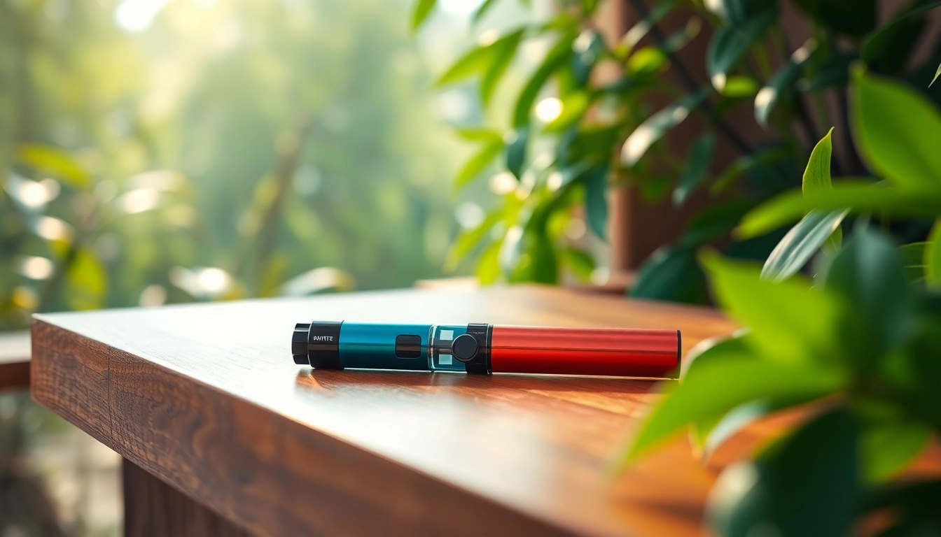 Buy DMT with an elegant vape pen showcased on a wooden table amidst greenery.