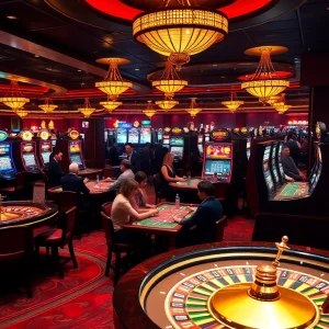 Excited players engaging in games at MK8 casino, featuring vibrant slot machines and roulette wheels.