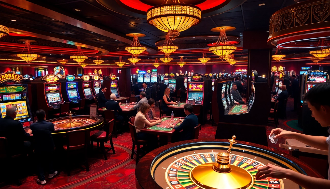 Excited players engaging in games at MK8 casino, featuring vibrant slot machines and roulette wheels.