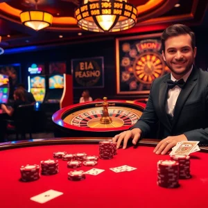 FLY88 casino scene showcasing vibrant poker action and luxurious gaming atmosphere.