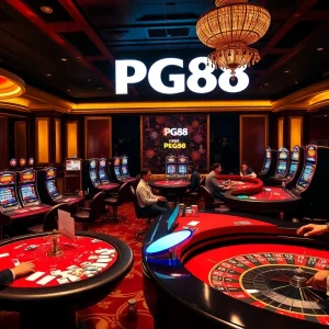 Exciting gambling scene at PG88 casino showcasing players, tables, and vibrant slot machines.