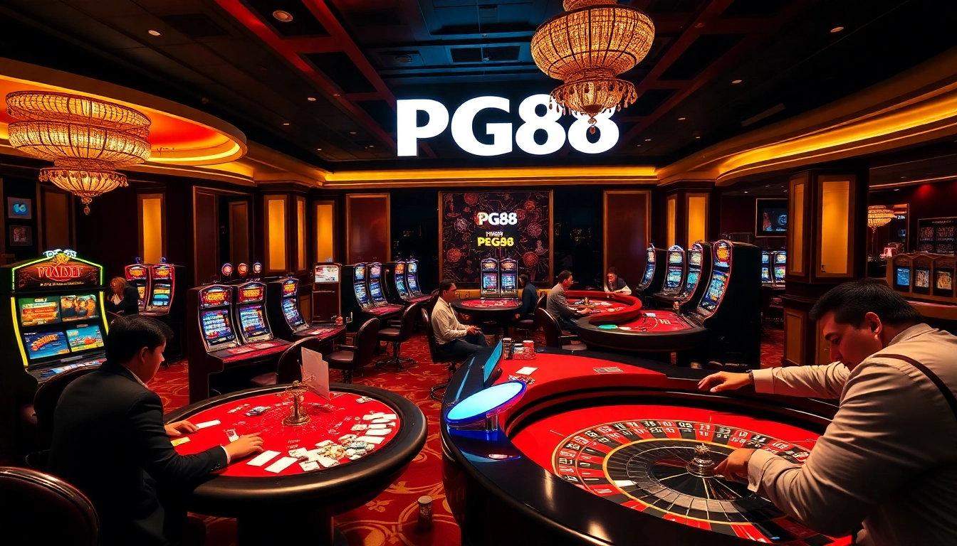 Exciting gambling scene at PG88 casino showcasing players, tables, and vibrant slot machines.