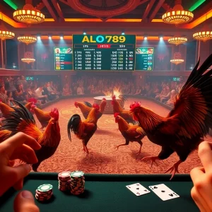 Exciting ALO789 đá gà trực tiếp match scene with spectators and live betting interface.