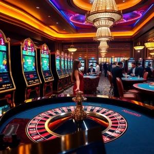 Nohu90 casino floor with luxury slot machines and excited players enjoying high-stakes games.