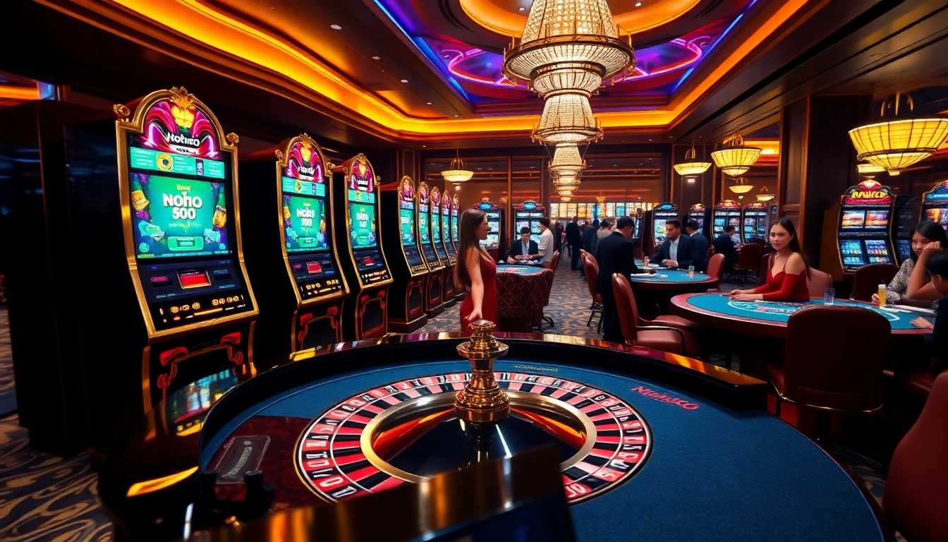 Nohu90 casino floor with luxury slot machines and excited players enjoying high-stakes games.