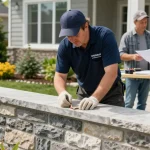 A trusted stonemason in Regina expertly installing quality stonework for a residential project, showcasing professional craftsmanship and community service.