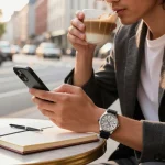 Stylish individual wearing a clone watch at a café, enjoying luxury and sophistication.