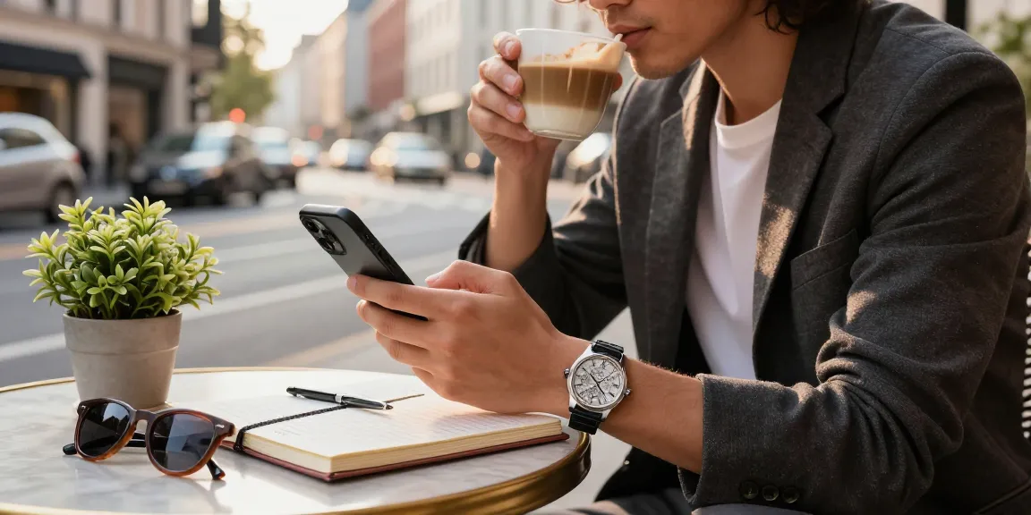 Stylish individual wearing a clone watch at a café, enjoying luxury and sophistication.